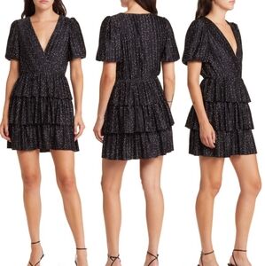 Charles Henry Dot Plissé Tiered black short sleeve Dress XL